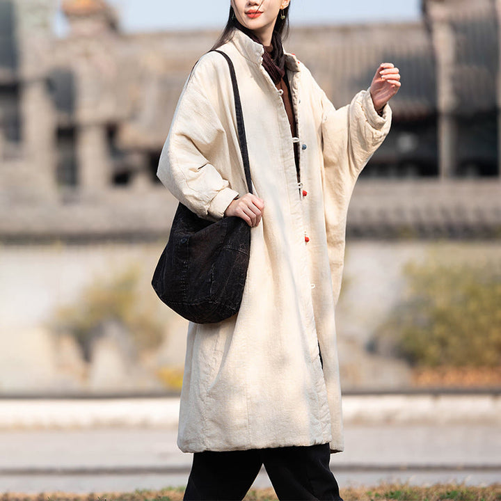 Płaszcz termiczny z długim rękawem i kieszeniami, z bawełny ramii Buddha Stones Winter Solid Frog-Button Guziki - image 4