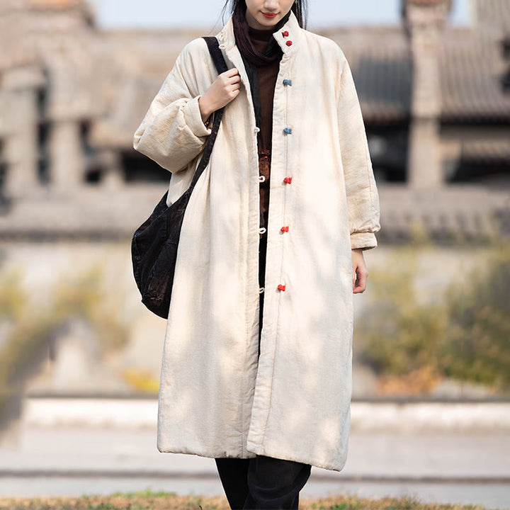 Płaszcz termiczny z długim rękawem i kieszeniami, z bawełny ramii Buddha Stones Winter Solid Frog-Button Guziki - image 2