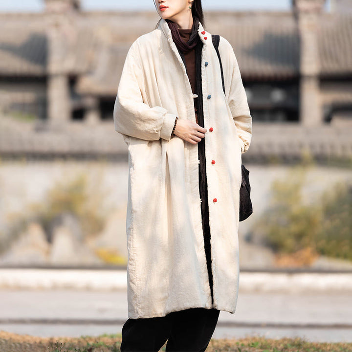 Płaszcz termiczny z długim rękawem i kieszeniami, z bawełny ramii Buddha Stones Winter Solid Frog-Button Guziki - image 6