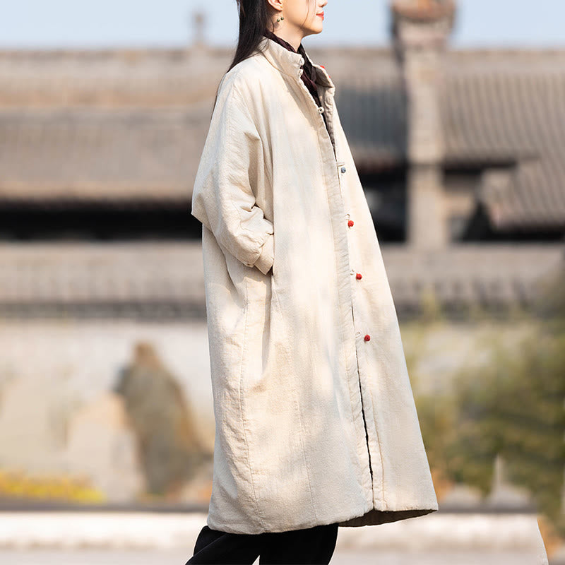 Płaszcz termiczny z długim rękawem i kieszeniami, z bawełny ramii Buddha Stones Winter Solid Frog-Button Guziki - image 3