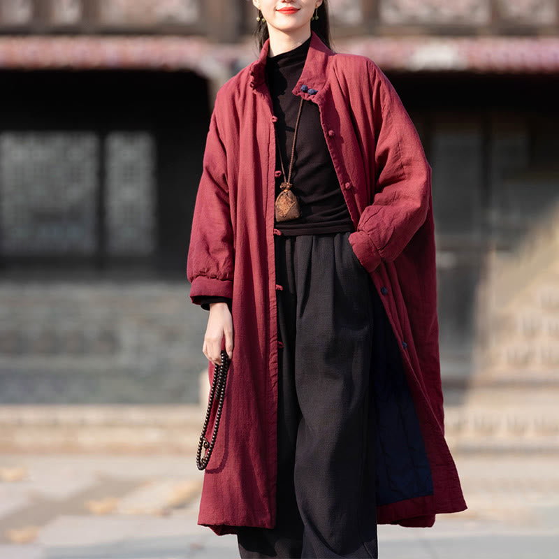 Płaszcz termiczny z długim rękawem i kieszeniami, z bawełny ramii Buddha Stones Winter Solid Frog-Button Guziki - image 15