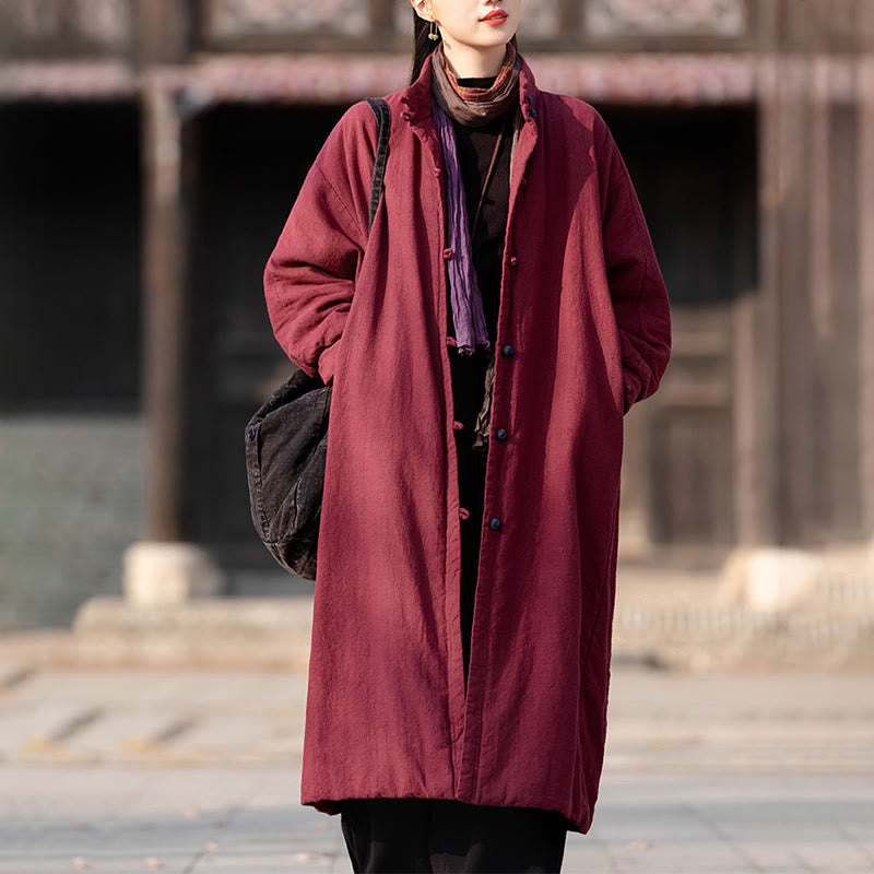 Płaszcz termiczny z długim rękawem i kieszeniami, z bawełny ramii Buddha Stones Winter Solid Frog-Button Guziki - image 16