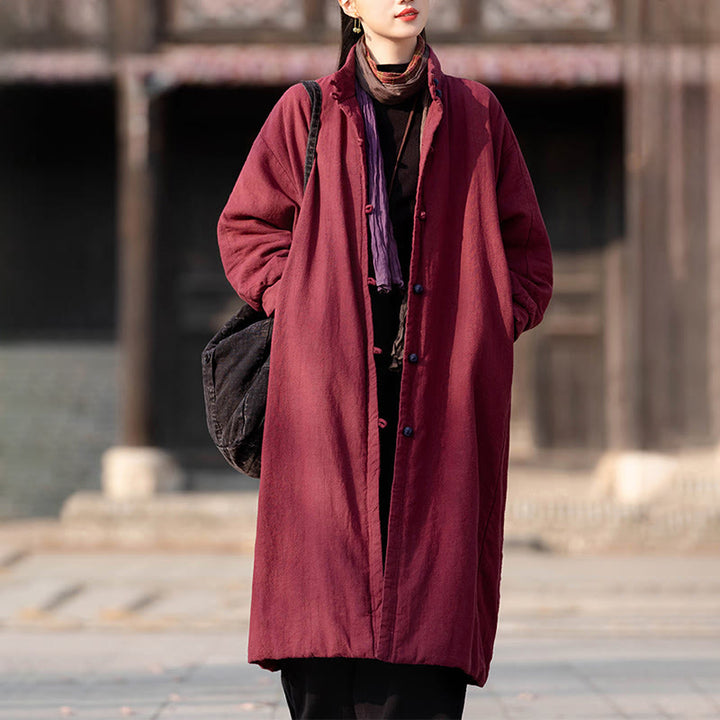 Płaszcz termiczny z długim rękawem i kieszeniami, z bawełny ramii Buddha Stones Winter Solid Frog-Button Guziki - image 16