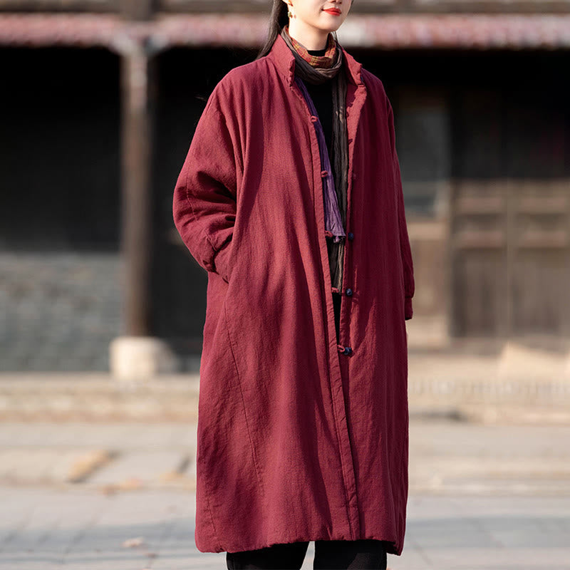 Płaszcz termiczny z długim rękawem i kieszeniami, z bawełny ramii Buddha Stones Winter Solid Frog-Button Guziki - image 11