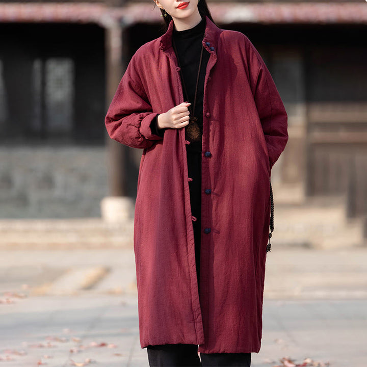 Płaszcz termiczny z długim rękawem i kieszeniami, z bawełny ramii Buddha Stones Winter Solid Frog-Button Guziki - image 20