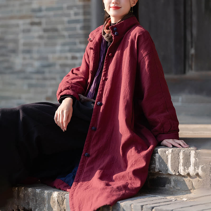 Płaszcz termiczny z długim rękawem i kieszeniami, z bawełny ramii Buddha Stones Winter Solid Frog-Button Guziki - image 21