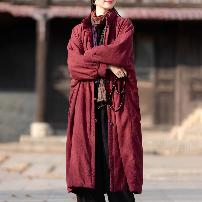 Płaszcz termiczny z długim rękawem i kieszeniami, z bawełny ramii Buddha Stones Winter Solid Frog-Button Guziki - image 17