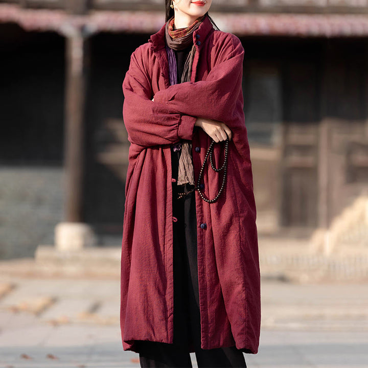 Płaszcz termiczny z długim rękawem i kieszeniami, z bawełny ramii Buddha Stones Winter Solid Frog-Button Guziki - image 17