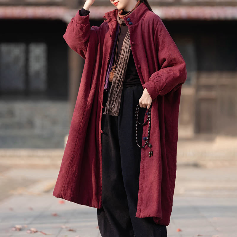 Płaszcz termiczny z długim rękawem i kieszeniami, z bawełny ramii Buddha Stones Winter Solid Frog-Button Guziki - image 14