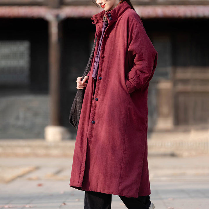 Płaszcz termiczny z długim rękawem i kieszeniami, z bawełny ramii Buddha Stones Winter Solid Frog-Button Guziki - image 13