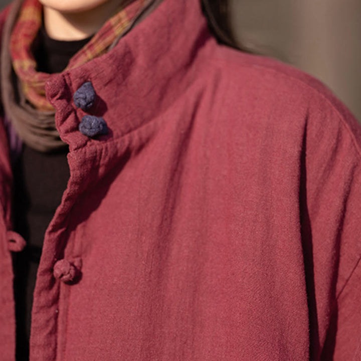 Płaszcz termiczny z długim rękawem i kieszeniami, z bawełny ramii Buddha Stones Winter Solid Frog-Button Guziki - image 22