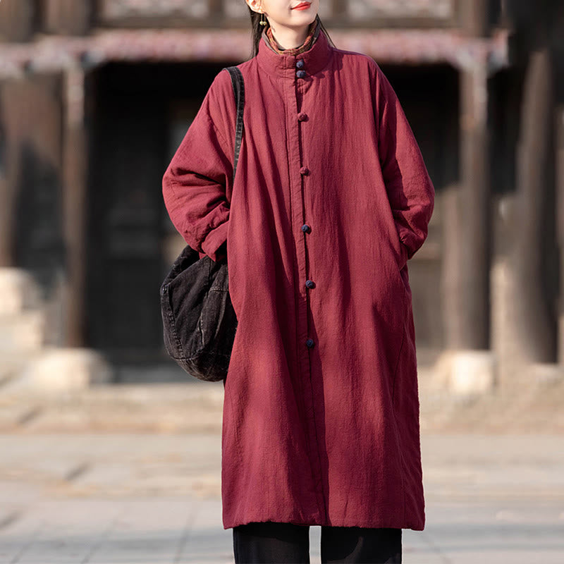 Płaszcz termiczny z długim rękawem i kieszeniami, z bawełny ramii Buddha Stones Winter Solid Frog-Button Guziki - image 18