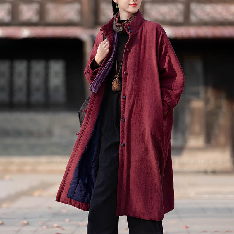 Płaszcz termiczny z długim rękawem i kieszeniami, z bawełny ramii Buddha Stones Winter Solid Frog-Button Guziki - image 12