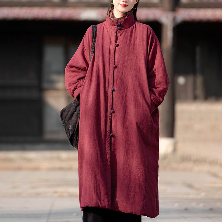 Płaszcz termiczny z długim rękawem i kieszeniami, z bawełny ramii Buddha Stones Winter Solid Frog-Button Guziki - image 19