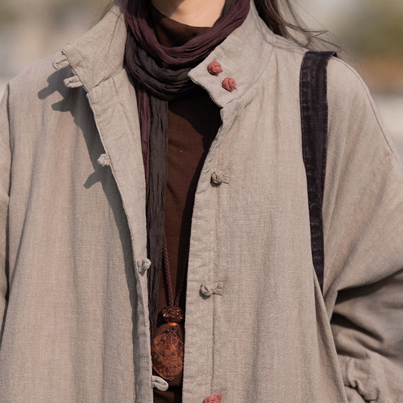 Płaszcz termiczny z długim rękawem i kieszeniami, z bawełny ramii Buddha Stones Winter Solid Frog-Button Guziki - image 33