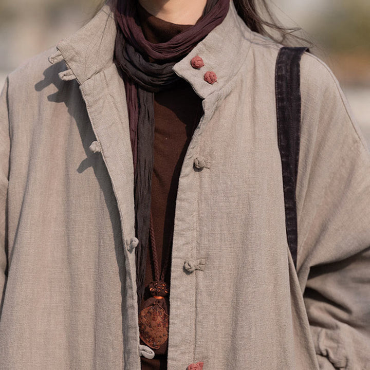 Płaszcz termiczny z długim rękawem i kieszeniami, z bawełny ramii Buddha Stones Winter Solid Frog-Button Guziki - image 33