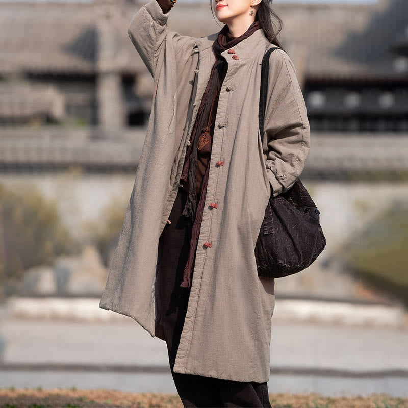 Płaszcz termiczny z długim rękawem i kieszeniami, z bawełny ramii Buddha Stones Winter Solid Frog-Button Guziki - image 25