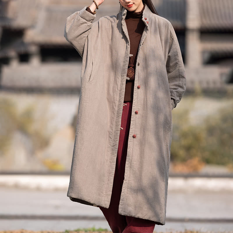 Płaszcz termiczny z długim rękawem i kieszeniami, z bawełny ramii Buddha Stones Winter Solid Frog-Button Guziki - image 29