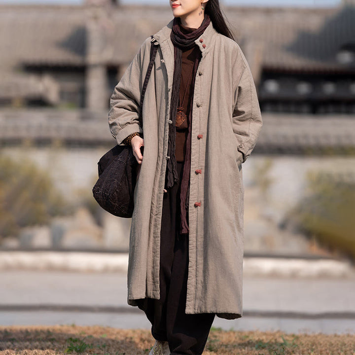 Płaszcz termiczny z długim rękawem i kieszeniami, z bawełny ramii Buddha Stones Winter Solid Frog-Button Guziki - image 27