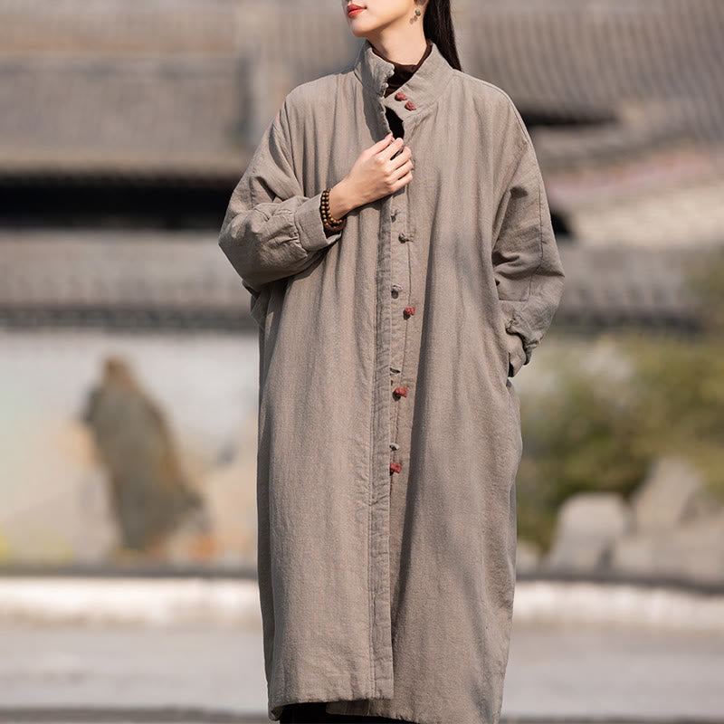 Płaszcz termiczny z długim rękawem i kieszeniami, z bawełny ramii Buddha Stones Winter Solid Frog-Button Guziki - image 30