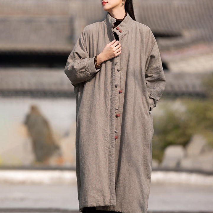 Płaszcz termiczny z długim rękawem i kieszeniami, z bawełny ramii Buddha Stones Winter Solid Frog-Button Guziki - image 30