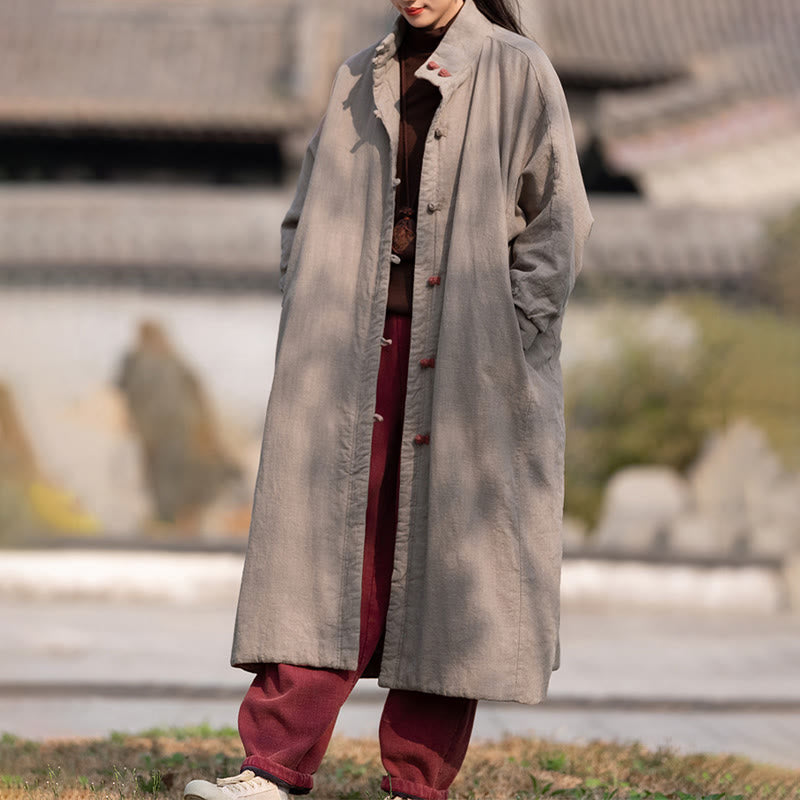 Płaszcz termiczny z długim rękawem i kieszeniami, z bawełny ramii Buddha Stones Winter Solid Frog-Button Guziki - image 32