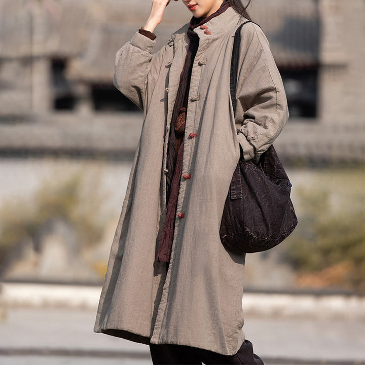 Płaszcz termiczny z długim rękawem i kieszeniami, z bawełny ramii Buddha Stones Winter Solid Frog-Button Guziki - image 31