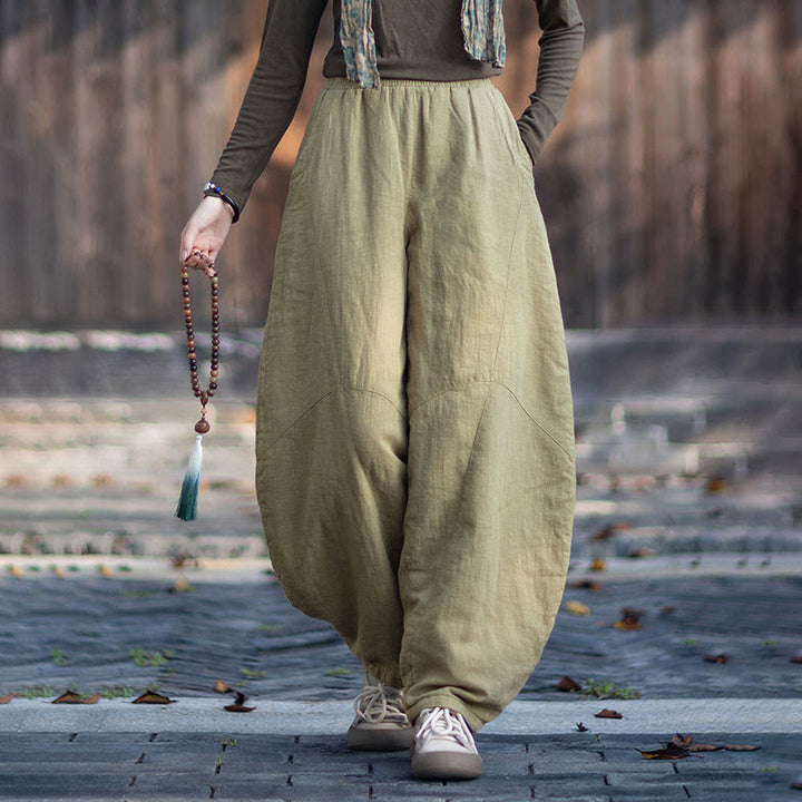 Zimowe spodnie damskie termiczne z elastycznym pasem i bawełną ramią z motywem Buddha Stones z kieszeniami - image 1