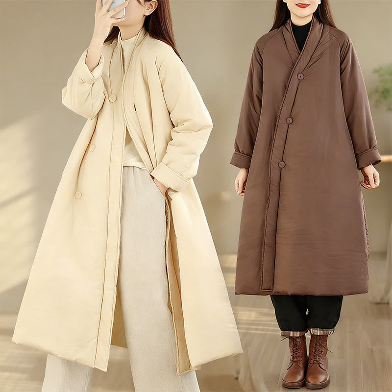 Zimowy płaszcz damski z bawełny z dekoltem w serek i guzikami, z długim rękawem i kieszeniami, z Buddha Stones" - image 19