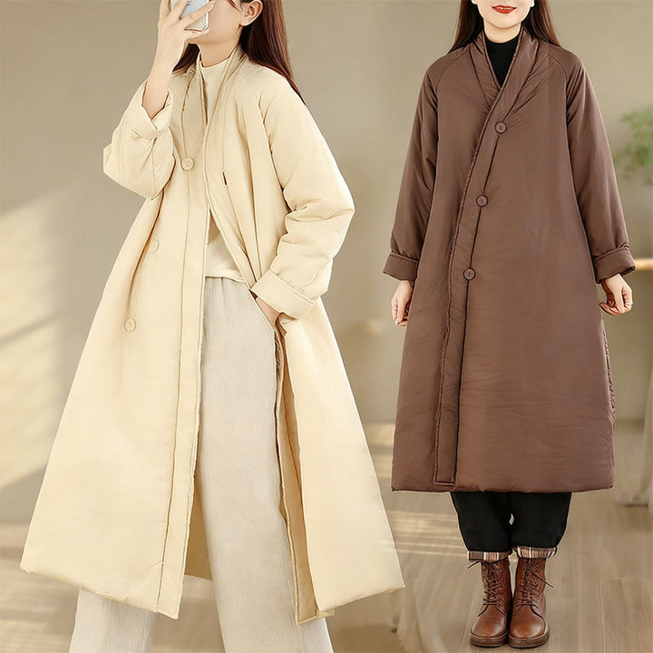 Zimowy płaszcz damski z bawełny z dekoltem w serek i guzikami, z długim rękawem i kieszeniami, z Buddha Stones" - image 19