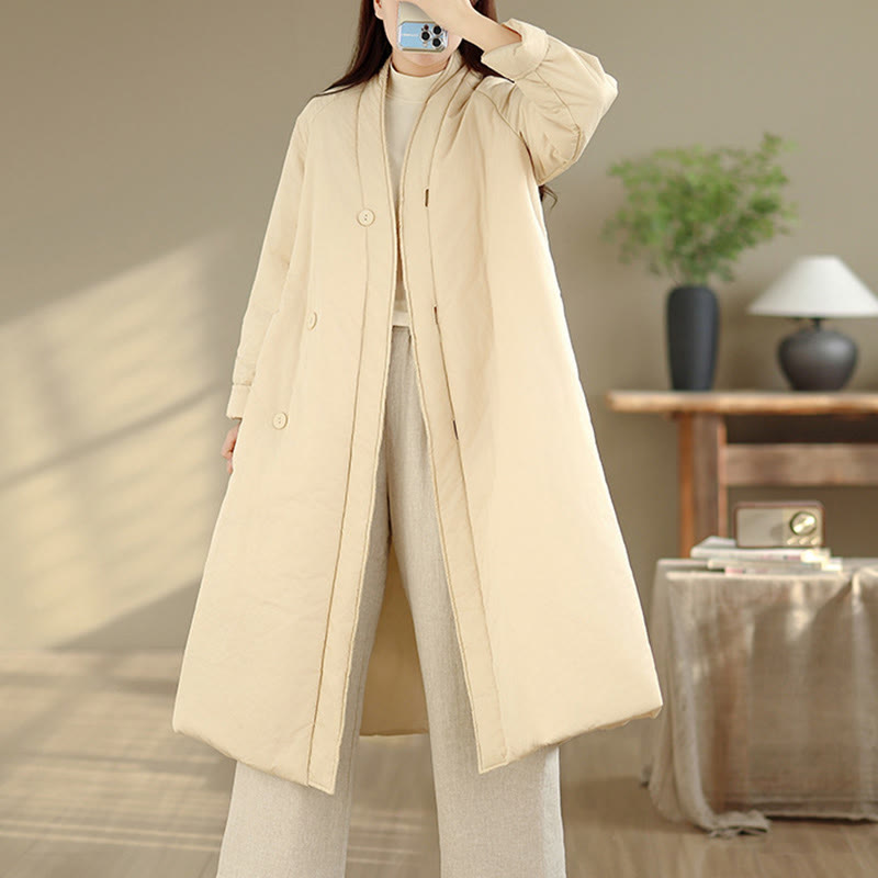 Zimowy płaszcz damski z bawełny z dekoltem w serek i guzikami, z długim rękawem i kieszeniami, z Buddha Stones" - image 17