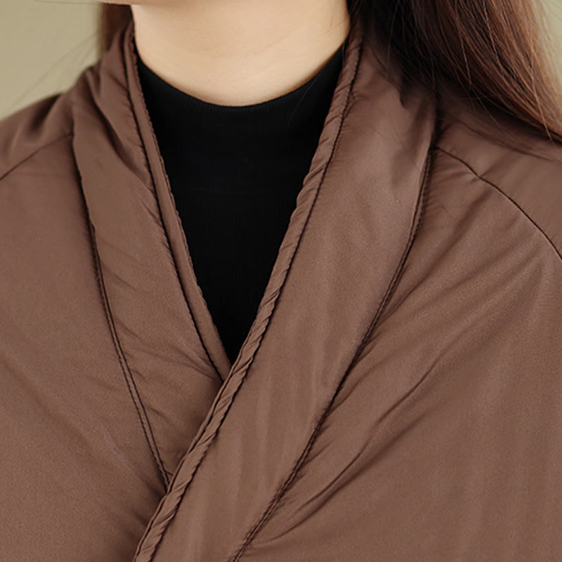 Zimowy płaszcz damski z bawełny z dekoltem w serek i guzikami, z długim rękawem i kieszeniami, z Buddha Stones" - image 7