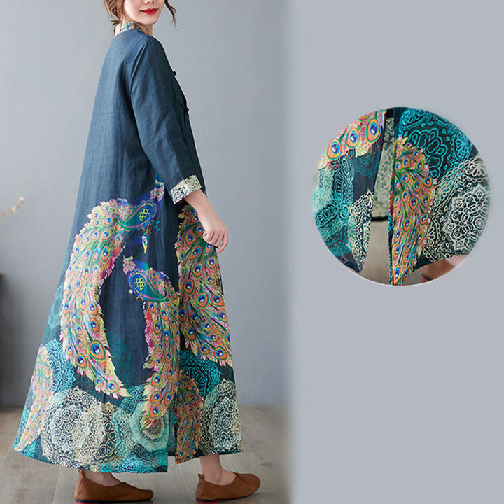 Sukienka midi damska z bawełny z trzema czwartymi rękawami, zdobiona Buddha Stones, kolorowymi pawiami i mandalą w kształcie żaby - image 10