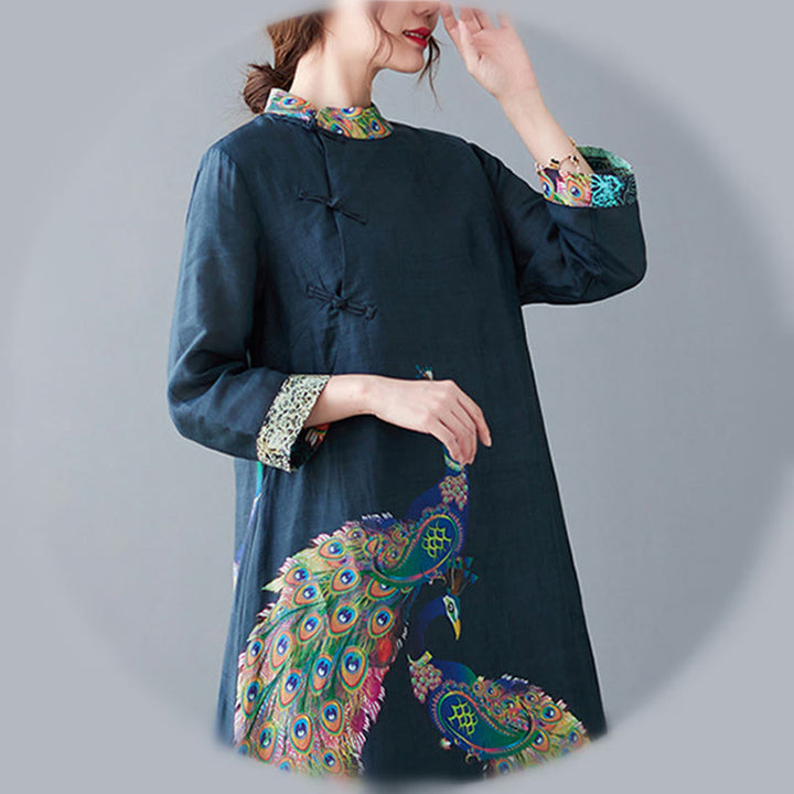 Sukienka midi damska z bawełny z trzema czwartymi rękawami, zdobiona Buddha Stones, kolorowymi pawiami i mandalą w kształcie żaby - image 12