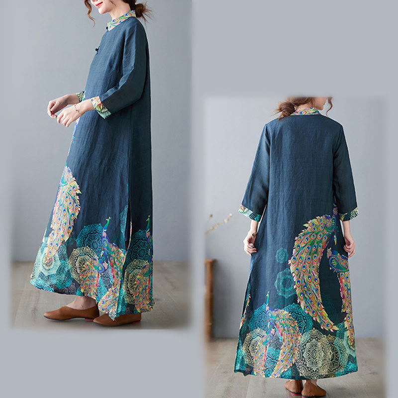 Sukienka midi damska z bawełny z trzema czwartymi rękawami, zdobiona Buddha Stones, kolorowymi pawiami i mandalą w kształcie żaby - image 8