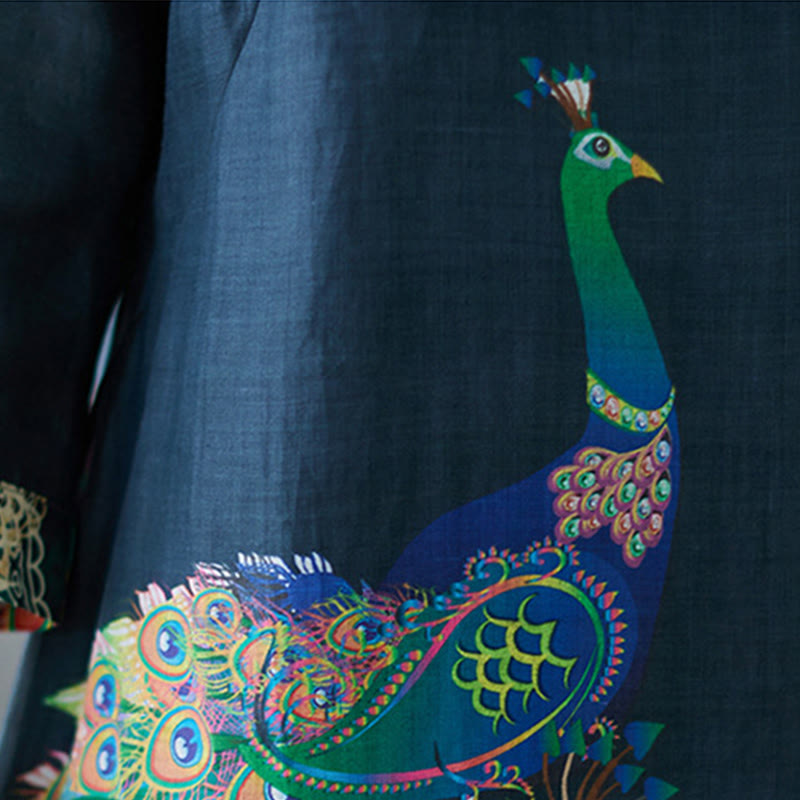 Sukienka midi damska z bawełny z trzema czwartymi rękawami, zdobiona Buddha Stones, kolorowymi pawiami i mandalą w kształcie żaby - image 15