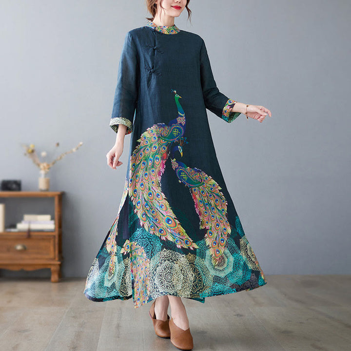 Sukienka midi damska z bawełny z trzema czwartymi rękawami, zdobiona Buddha Stones, kolorowymi pawiami i mandalą w kształcie żaby - image 1