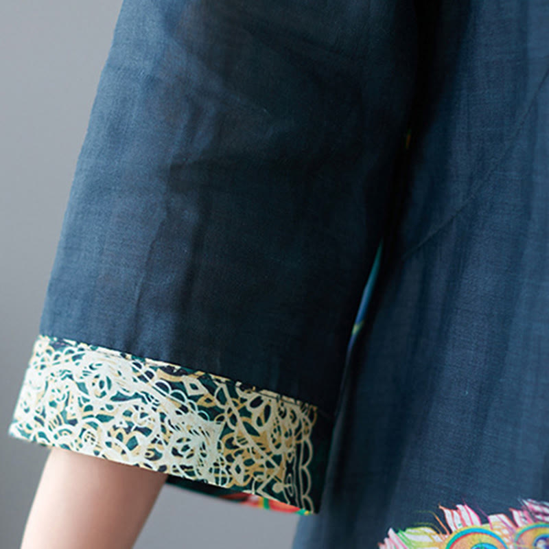 Sukienka midi damska z bawełny z trzema czwartymi rękawami, zdobiona Buddha Stones, kolorowymi pawiami i mandalą w kształcie żaby - image 16