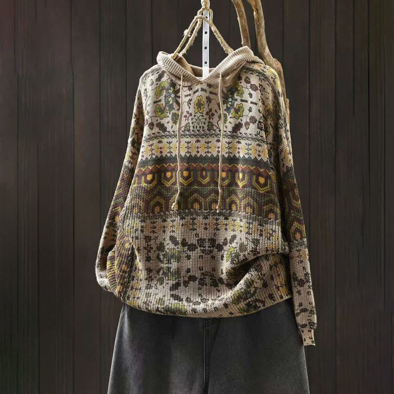 Bluza damska z długim rękawem i dzianinowym kapturem z motywem Buddha Stones w paski i geometryczne kwiaty - Beżowy - US4-6, UK/AU8-10, EU36-38 (F) - image 0