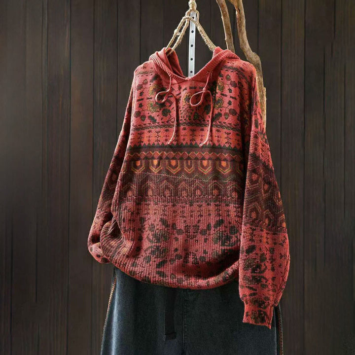 Bluza damska z długim rękawem i dzianinowym kapturem z motywem Buddha Stones w paski i geometryczne kwiaty - Pomidor - US4-6, UK/AU8-10, EU36-38 (F) - image 2