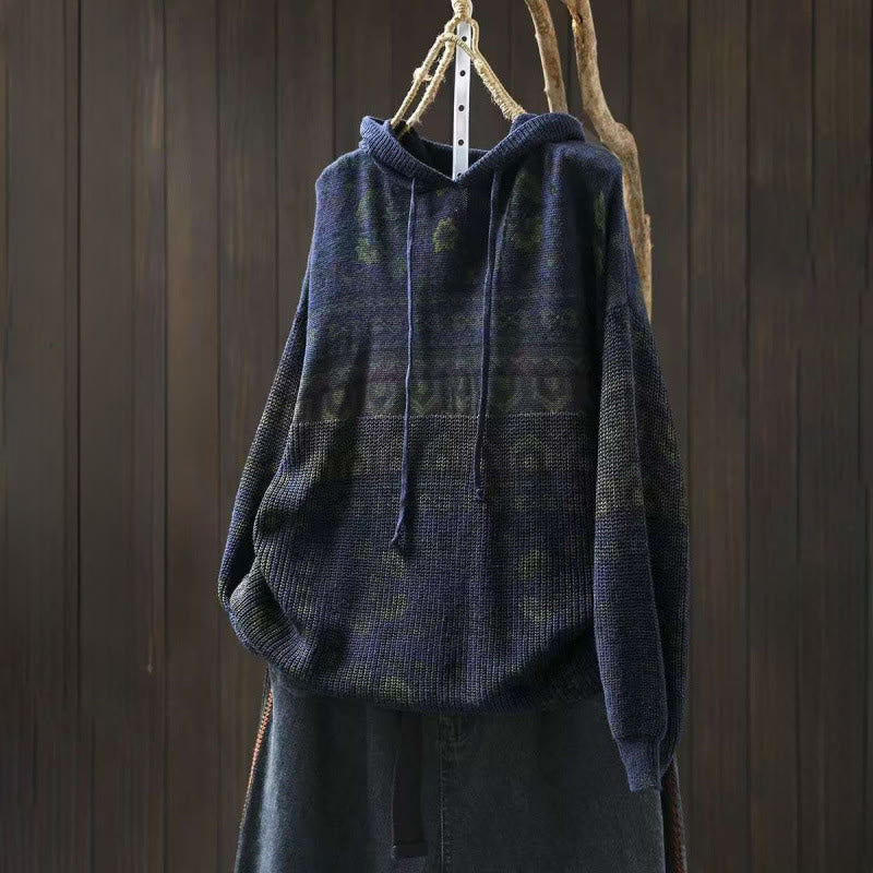 Bluza damska z długim rękawem i dzianinowym kapturem z motywem Buddha Stones w paski i geometryczne kwiaty - Marynarka wojenna - US4-6, UK/AU8-10, EU36-38 (F) - image 11