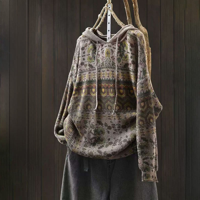 Bluza damska z długim rękawem i dzianinowym kapturem z motywem Buddha Stones w paski i geometryczne kwiaty - Ciemny Khaki - US4-6, UK/AU8-10, EU36-38 (F) - image 12