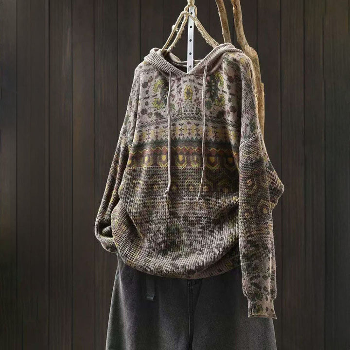 Bluza damska z długim rękawem i dzianinowym kapturem z motywem Buddha Stones w paski i geometryczne kwiaty - Ciemny Khaki - US4-6, UK/AU8-10, EU36-38 (F) - image 12