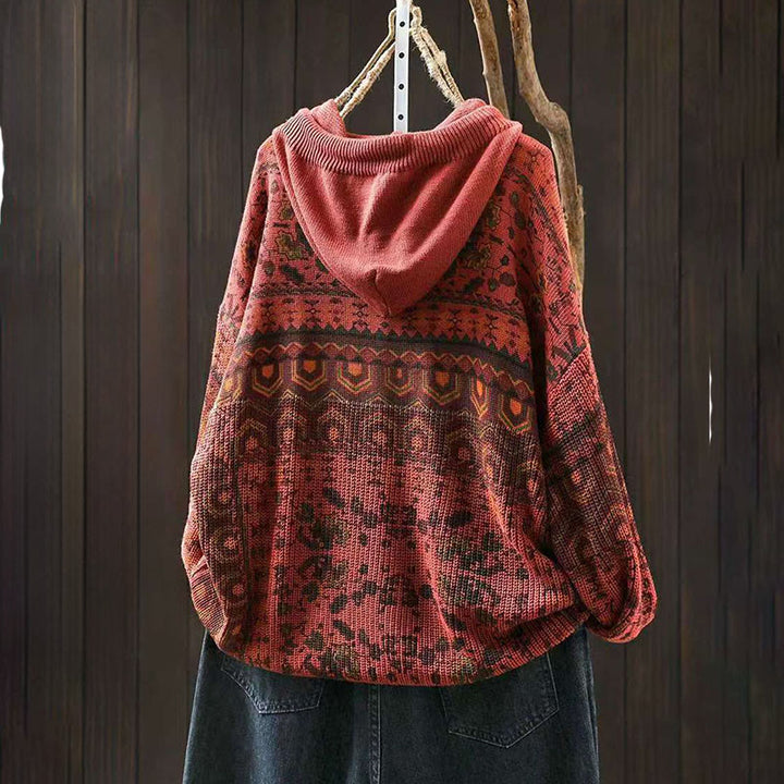 Bluza damska z długim rękawem i dzianinowym kapturem z motywem Buddha Stones w paski i geometryczne kwiaty - image 3