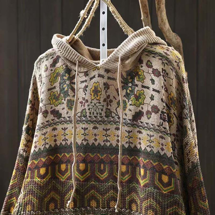 Bluza damska z długim rękawem i dzianinowym kapturem z motywem Buddha Stones w paski i geometryczne kwiaty - image 1