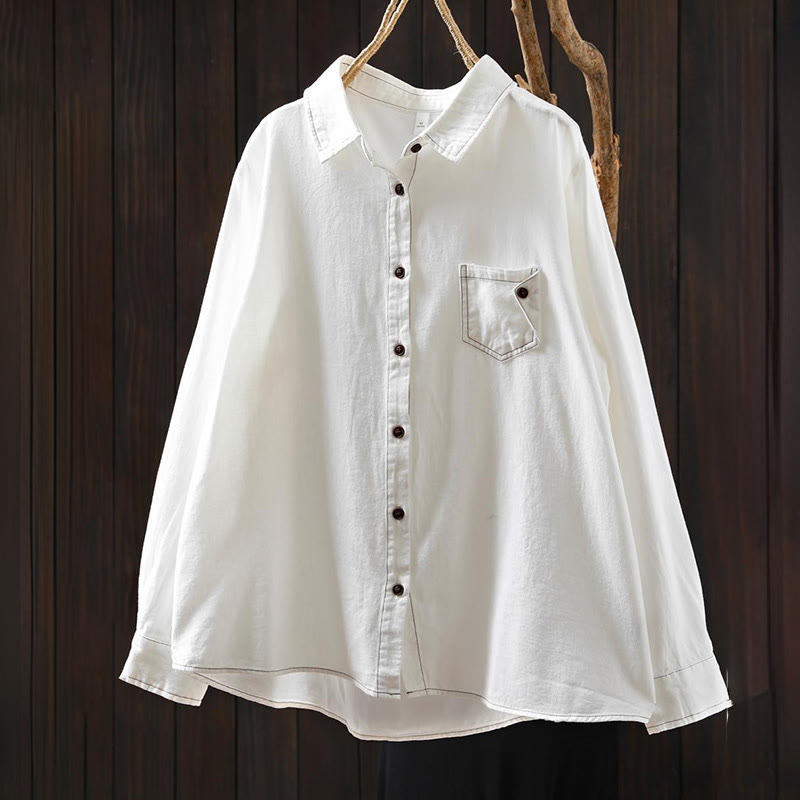 Koszula damska z długim rękawem bawełniana z kołnierzykiem stojącym i kieszeniami w kształcie Buddha Stones - image 1