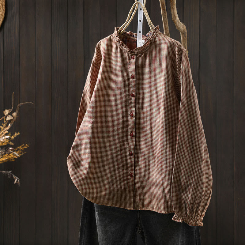 Koszula damska z bawełny z długim rękawem i kołnierzykiem z falbanką w kratkę Buddha Stones Fall Tiny Plaid Button Down - DarkSalmon - US6, UK/AU10, EU38 (L) - image 0