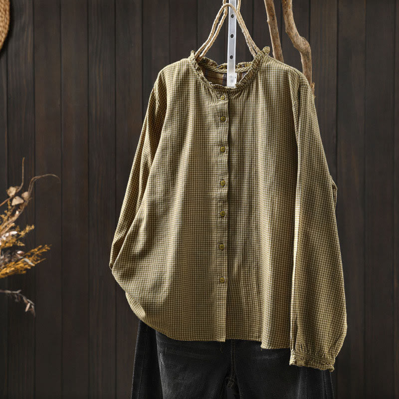 Koszula damska z bawełny z długim rękawem i kołnierzykiem z falbanką w kratkę Buddha Stones Fall Tiny Plaid Button Down - Ciemny Khaki - US6, UK/AU10, EU38 (L) - image 13