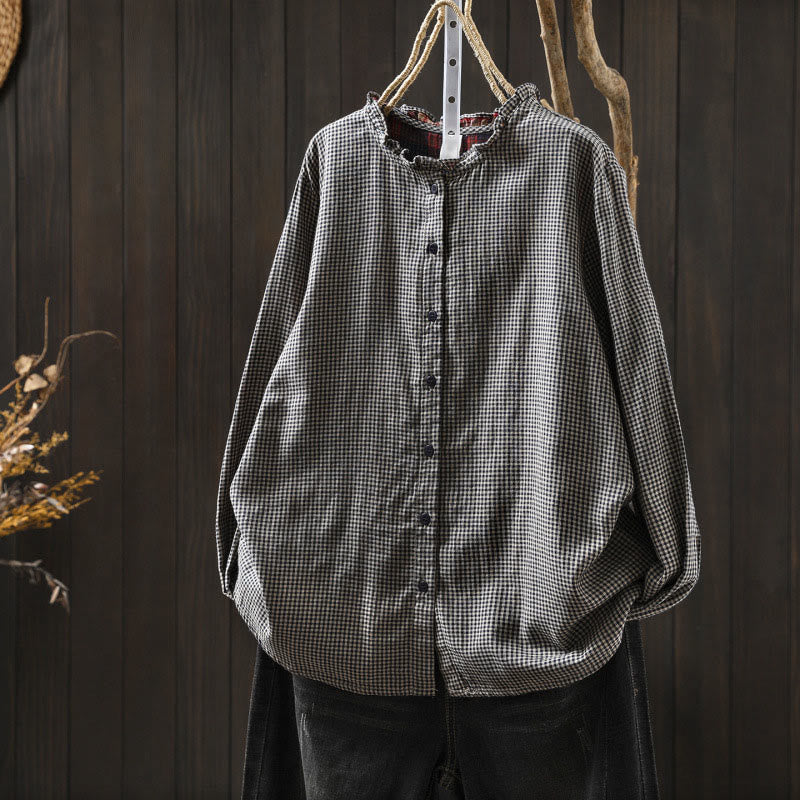Koszula damska z bawełny z długim rękawem i kołnierzykiem z falbanką w kratkę Buddha Stones Fall Tiny Plaid Button Down - Szary - US6, UK/AU10, EU38 (L) - image 15