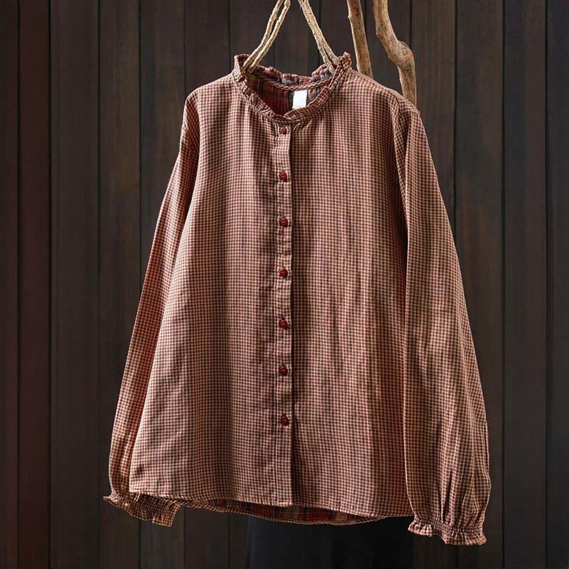 Koszula damska z bawełny z długim rękawem i kołnierzykiem z falbanką w kratkę Buddha Stones Fall Tiny Plaid Button Down - image 1